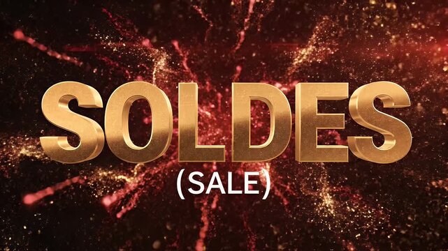 Golden 3D text "SOLDE (SALE)" with glittering particles background
