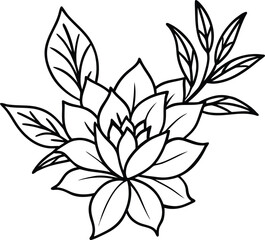 Fototapeta premium Stylized Outline Flower with Leaves floral illustration