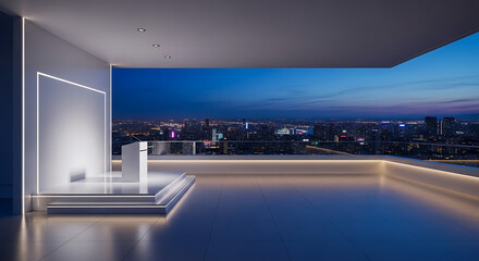 Obraz premium Modern rooftop terrace with city skyline at dusk illuminated by ambient lights and architectural lighting