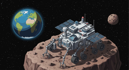 Spacecraft on a rocky planetary surface. © BerkahStock