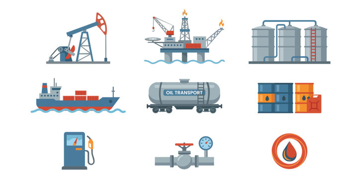 Oil Industry Elements: A compilation of essential elements related to the oil industry, from extraction and storage to transportation and distribution. A clear representation of the processes.