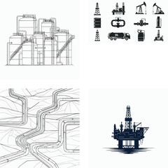 Obraz premium Oil and gas industry infrastructure and equipment illustrations refineries pipelines rigs