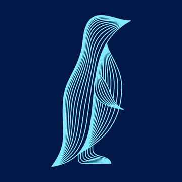 Penguin wireframe line art. Abstract antarctic bird made of curved lines. Vector illustration. For polar themes, environment awareness, conservation graphics, logos, modern design. Blue background.