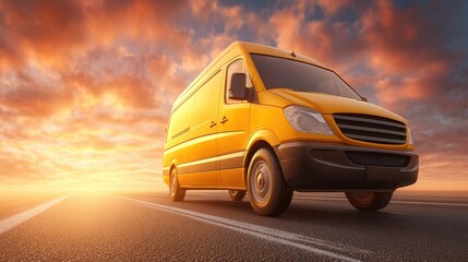 Obraz premium Bright Yellow Delivery Van Against Dramatic Sunset Sky with Clouds Over Rural Road Landscape