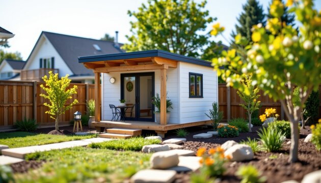 Small modern backyard studio with outdoor seating surrounded by greenery and a wooden fence.