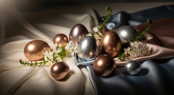 Decorative arrangement of bronze and golden Easter eggs creating a warm and sophisticated festive atmosphere.