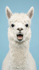 Naklejka premium Captivating eye-level studio portrait of a fluffy white alpaca, mouth wide open. Close-up against blue background highlights its soft wool and expressive, curious face
