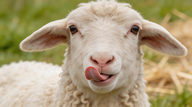 An adorable and playful young lamb sticks its tongue out in a charming, hyperdetailed close-up eye-level shot, showcasing its woolly texture and inquisitive expression