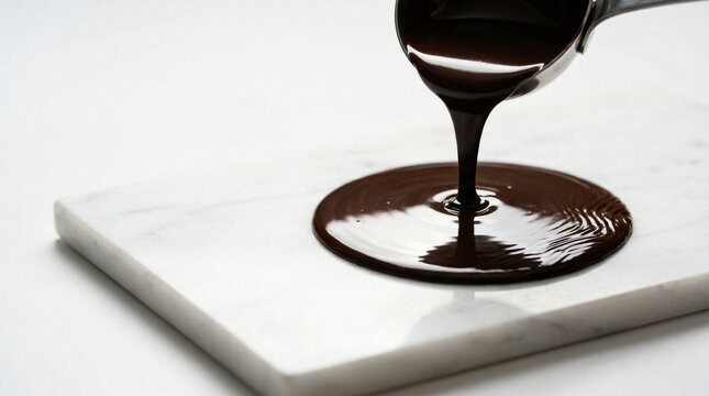 Tempered Dark Chocolate Pour Glossy Surface Crystal Formation White Background Studio Macro Halal European Confectionery Photography