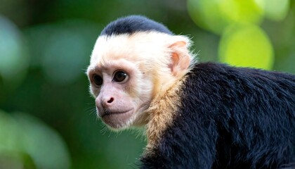 Fototapeta premium Close-up shot of a white-faced monkey. It's alert and curious with dark fur and a pale face. Lush green foliage creates a soft backdrop