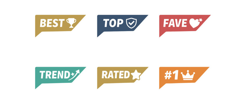 Corner ribbon tag icon set. best, top, fave, trend, rated, #1, label, badge, flag for product highlights and promotions. line, flat and colored vector icon set.