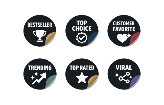 Round badge icon set. bestseller, top choice, customer favorite, trending, top rated, viral, award, recommendation. line, flat and colored vector icon set.