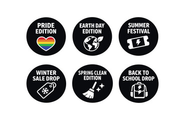 Fototapeta premium Seasonal and festival badges icon set. pride, earth day, summer festival, winter sale, spring clean, back to school promotional labels. line, flat and colored vector icon set.