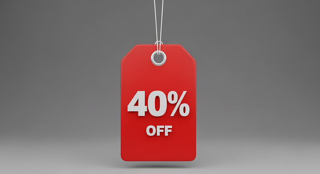 A bright red rectangular price tag displaying '40% OFF' in white text hangs against a clean gray background.