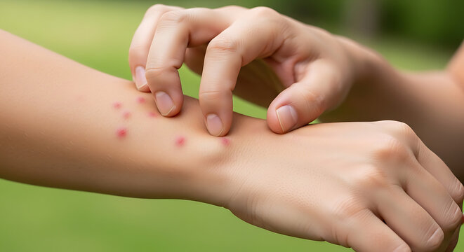 Person scratching an arm with multiple mosquito bites, showing red itchy welts and discomfort caused by insect stings.