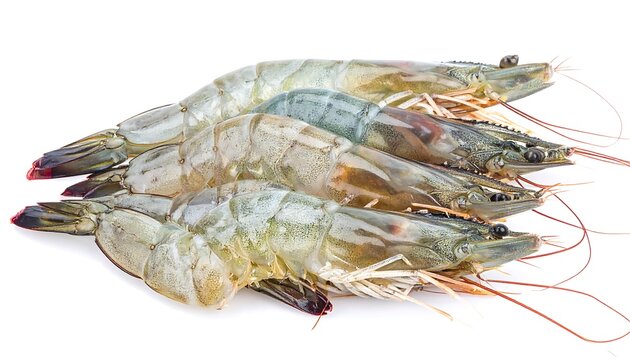 Close-up of raw, uncooked, whole crustaceans in a pile, featuring long antennae and visible legs. The white background emphasizes their textures