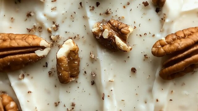 Pecans on creamy white frosting, sprinkled with nut fragments