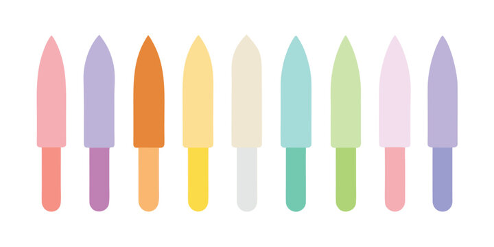 A colorful line of nine pointed pastel popsicle stick shapes.