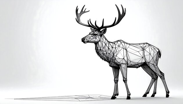 A grayscale, low-poly depiction of a stag in profile, casting a long shadow against a bright, gradient background