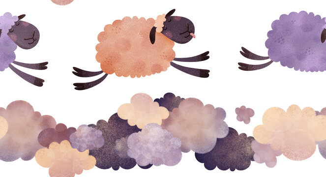 Seamless pattern with adorable sleeping sheep jumping over fluffy clouds in soft watercolor children&rsquo;s style Perfect for baby fabrics, nursery textiles, kids pajamas, bedding and sleep-themed products