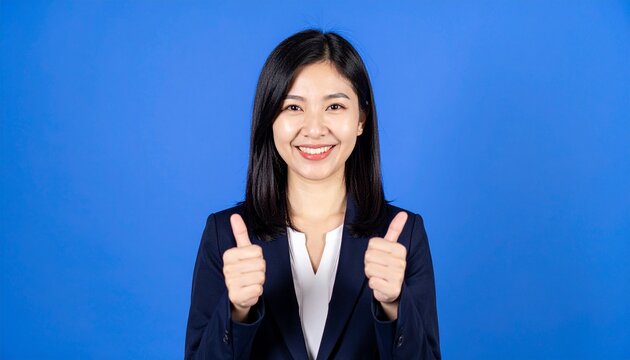 Successful Asian businesswoman in a suit giving two thumbs up gesture on a blue background.