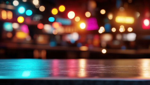 Reflective bar counter illuminated by vibrant neon lights, perfect for product placement or nightlife themes