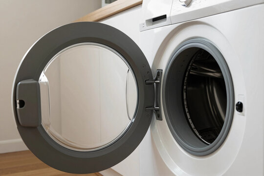 White Washing Machine With Open Door in a Laundry Room.