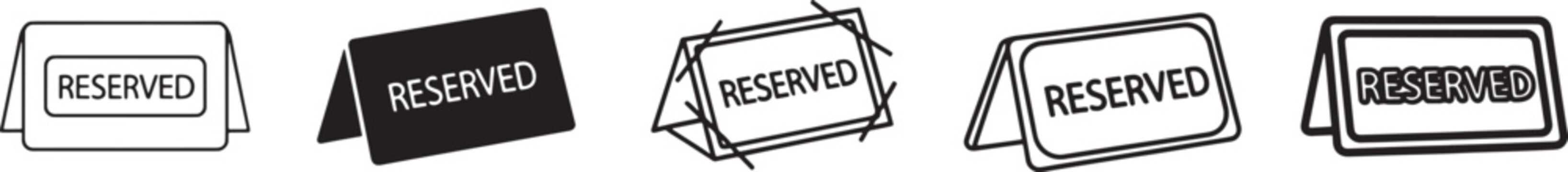 Reserved Sign Icon Set, Table Reservation Vector Collection, Minimal Outline and Solid Reserved Label Icons for Restaurant, Cafe, Hospitality and Dining Design