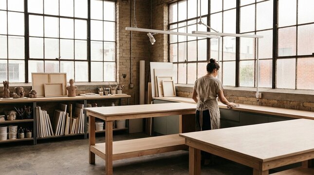 Young adult woman in sunlit woodworking studio, standing by large industrial windows and workbenches, calm creative atmosphere for craft and design workspace