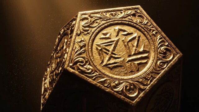Golden box illuminated by light beams detailed engravings and shadow play