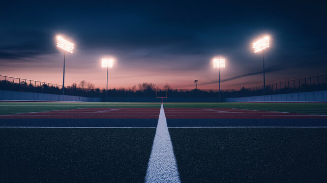 Running track center line under stadium lights at dusk