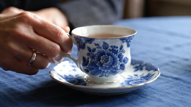 A person's hand gently holds a delicate porcelain teacup adorned with intricate blue floral patterns, resting on a matching saucer