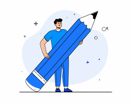 Creative person holding a giant blue pencil, symbolizing ideas and inspiration