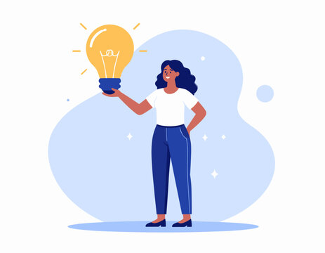 Woman holding a glowing light bulb, symbolizing a new idea or innovation
