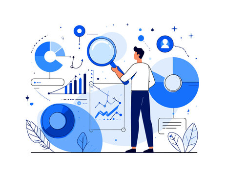 Man with magnifying glass analyzing charts and graphs for business insights