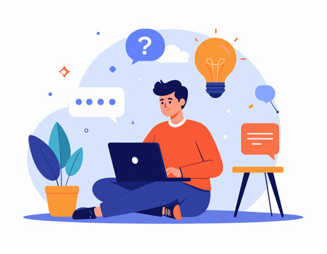 Man working on laptop with idea bulb and chat bubbles symbolizing communication