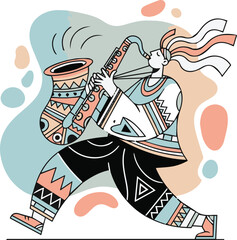 Jazz Saxophone Player with Colorful Ethnic Geometric Patterns; Creative Music Vector Illustration in Memphis Pop Art Style for Festival Posters and Decor