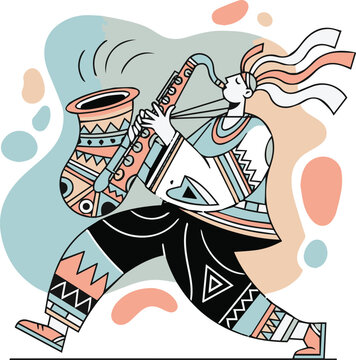 Jazz Saxophone Player with Colorful Ethnic Geometric Patterns; Creative Music Vector Illustration in Memphis Pop Art Style for Festival Posters and Decor
