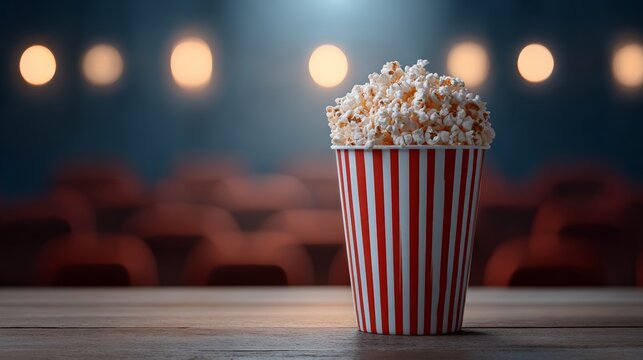Popcorn bucket with red and white stripes filling with fresh popcorn, set on a wooden table in a cinema auditorium, with blurred seats and lights creating an atmospheric background for entertainment