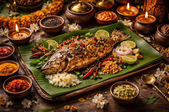 Traditional fried hilsha fish with steamed rice and spices served on banana leaf during pohela boishakh, bengali new year and hindu festivals for lunch party