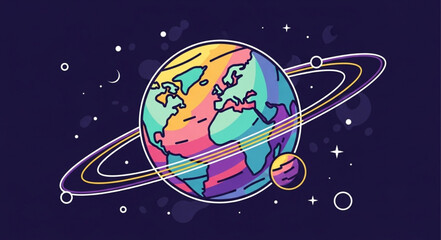 Colorful Planet Earth with Rings in Outer Space. © Kangmas