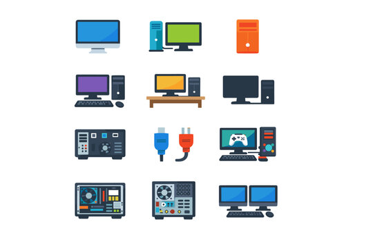 Collection of flat design icons representing various computer hardware and peripherals