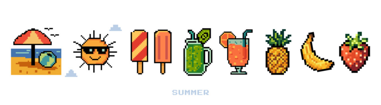 Summer icons set in retro pixel art style with beach sun umbrella ice cream drinks and tropical fruits colorful playful illustration for seasonal designs social media games packaging .Vector