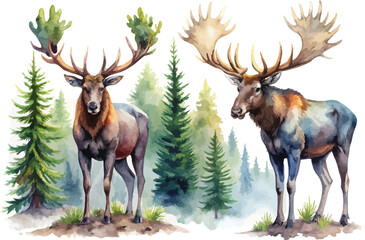 Obraz premium Watercolor Forest Moose Clipart, Wildlife Animal Illustration, Isolated on White