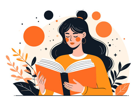 Young woman engrossed in reading an open book surrounded by abstract shapes and foliage