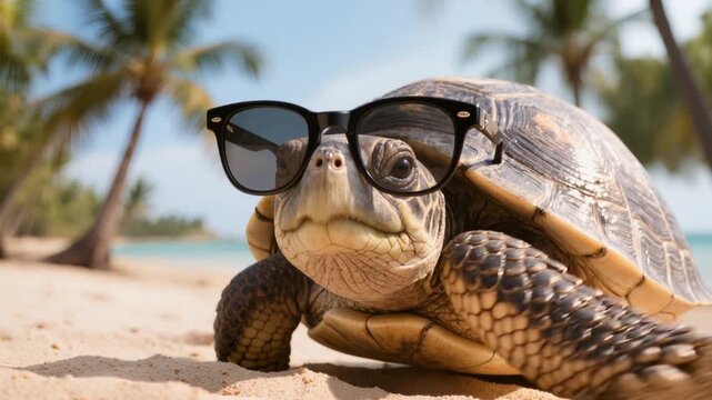 A funny turtle in sunglasses walks along a tropical beach, in a vacation and summer style.
