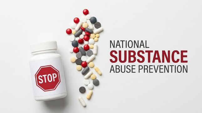 Substance abuse, prevention, national, awareness, drug, addiction, medicine bottle featuring a stop sign with various pills for a public health safety campaign concept on white.