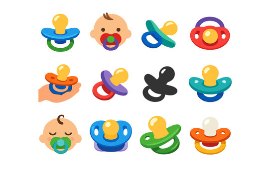 Collection of colorful pacifiers and a baby's face with a pacifier