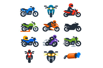 Naklejka premium Collection of diverse motorcycle icons and rider illustrations in flat design style
