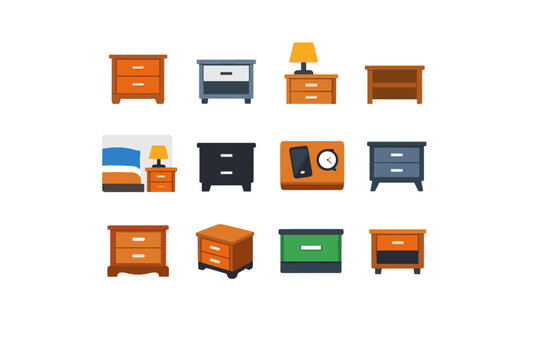 Collection of diverse nightstand and bedside table icons in a flat design style